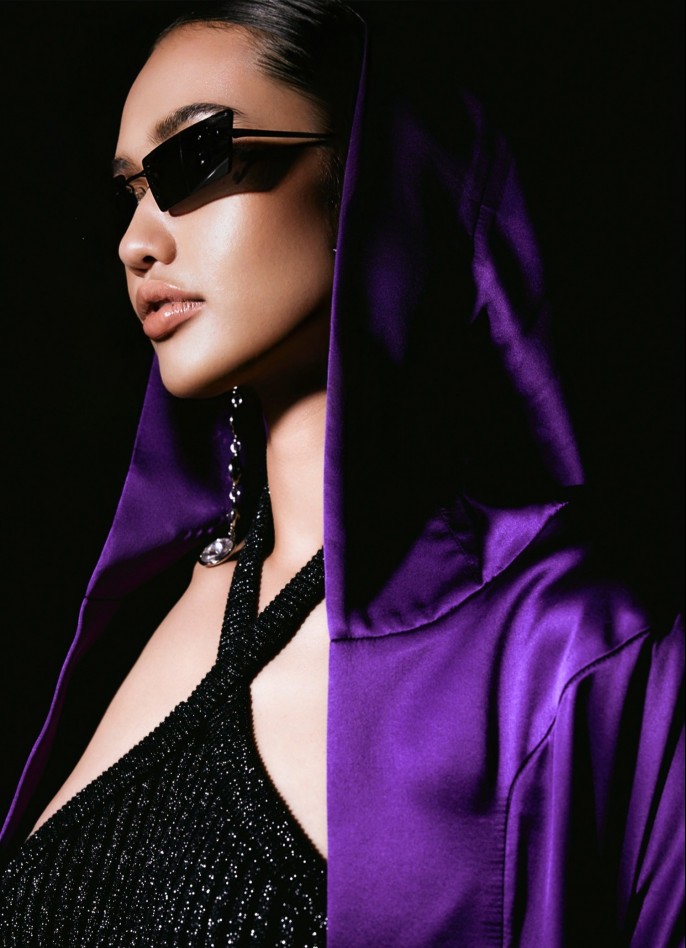PURPLE SILK SATIN BELTED ROBE WITH HOOD